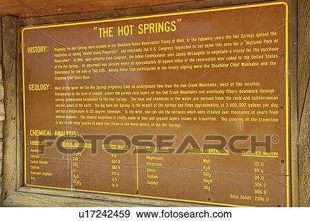 Thermopolis, WY, Wyoming, Hot Springs State Park, History and Geology of The Hot Springs information sign View Large Photo Image Stock Photo - Thermopolis, WY, Wyoming, Hot Springs State Park, History and Geology of The Hot Springs information sign. Fotosearch
