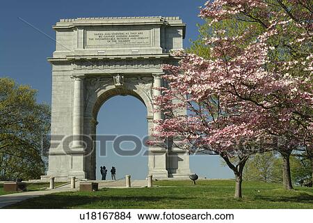 Picture -  Valley Forge, PA, Pennsylvania, Valley Forge National Historical Park, National Memorial Arch, Pink Dogwood Trees. Fotosearch