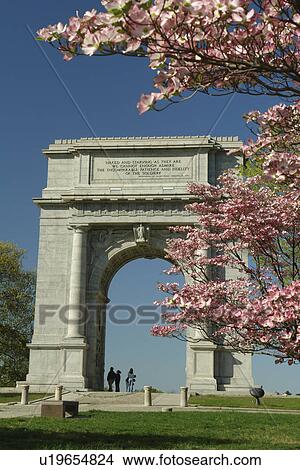 Picture -  Valley Forge, PA, Pennsylvania, Valley Forge National Historical Park, National Memorial Arch, Pink Dogwood Trees. Fotosearch