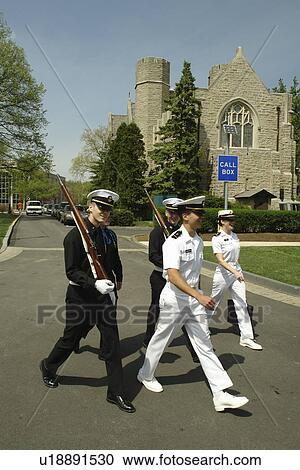 Stock Image -  Villanova, PA, Pennsylvania, Villanova University, Cadets marching on campus. Fotosearch