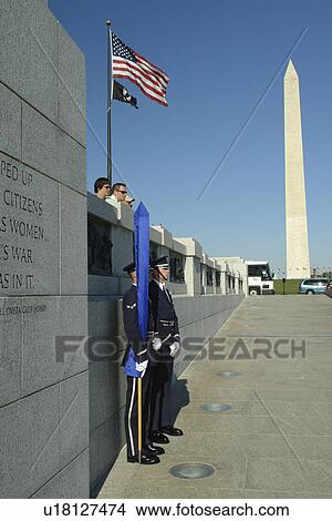 Picture -  Washington DC, D. C District of Columbia, World War II Memorial, Soldiers standing guard, National Mall, Memorial Parks, Nation's Capital, Washington Monument. Fotosearch