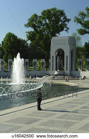 Stock Image -  Washington DC, D. C District of Columbia, World War II Memorial, Atlantic Pavilion, Fountain, guard, National Mall, Memorial Parks, Nation's Capital. Fotosearch