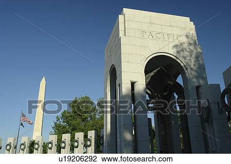 Stock Image -  Washington DC, D. C District of Columbia, World War II Memorial, Memorial Pillars, Pacific Pavilion, National Mall, Memorial Parks, Nation's Capital, Washington Monument. Fotosearch