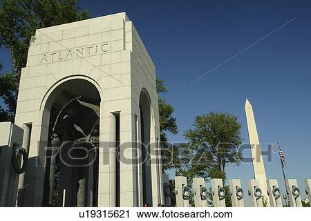 Stock Image -  Washington DC, D. C District of Columbia, World War II Memorial, Atlantic Pavilion, Memorial Pillars, National Mall, Memorial Parks, Nation's Capital, Washington Monument. Fotosearch