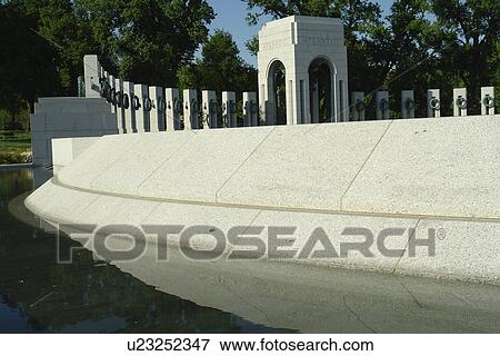 Stock Photo -  Washington DC, D. C District of Columbia, World War II Memorial, Atlantic Pavilion, Memorial Pillars, National Mall, Memorial Parks, Nation's Capital. Fotosearch