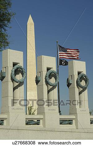 Stock Photo -  Washington DC, D. C District of Columbia, World War II Memorial, Memorial Pillars, National Mall, Memorial Parks, Nation's Capital, Washington Monument. Fotosearch