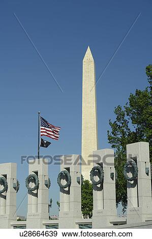 Stock Photo -  Washington DC, D. C District of Columbia, World War II Memorial, Memorial Pillars, National Mall, Memorial Parks, Nation's Capital, Washington Monument. Fotosearch
