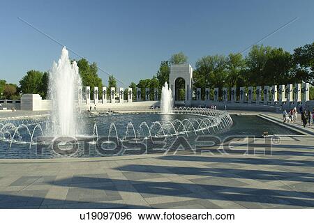 Stock Photograph -  Washington DC, D. C District of Columbia, World War II Memorial, Memorial Pillars, Pacific Pavilion, Fountain, National Mall, Memorial Parks, Nation's Capital. Fotosearch
