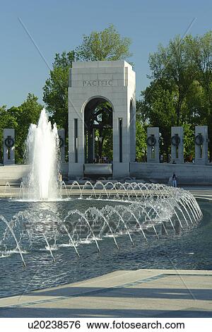 Stock Photograph -  Washington DC, D. C District of Columbia, World War II Memorial, Pacific Pavilion, Fountain, National Mall, Memorial Parks, Nation's Capital. Fotosearch