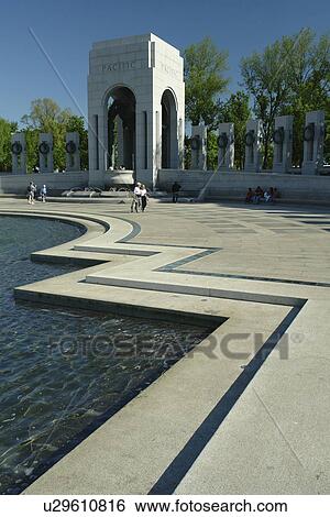 Stock Photograph -  Washington DC, D. C District of Columbia, World War II Memorial, Memorial Pillars, Pacific Pavilion, Fountain, National Mall, Memorial Parks, Nation's Capital. Fotosearch