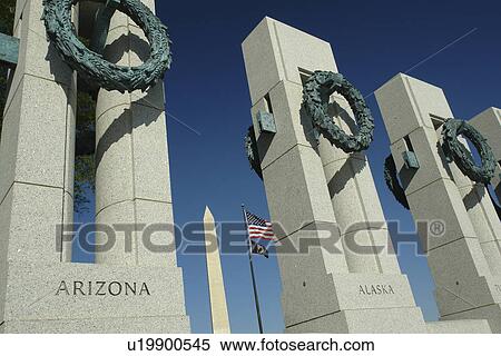 Stock Photography -  Washington DC, D. C District of Columbia, World War II Memorial, Memorial Pillars, National Mall, Memorial Parks, Nation's Capital, Washington Monument. Fotosearch