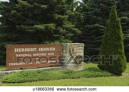 Stock Photograph -  West Branch, IA, Iowa, Herbert Hoover National Historic Site and Presidential Library-Museum, entrance sign. Fotosearch
