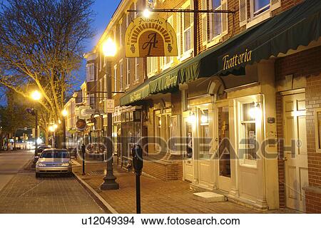 Picture -  West Chester, PA, Pennsylvania, Chester County, Main Street, Alberto Restaurant, downtown, evening. Fotosearch