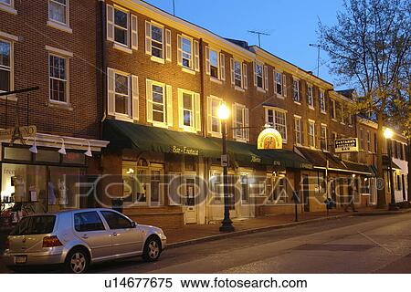 Stock Photography -  West Chester, PA, Pennsylvania, Chester County, Main Street, downtown, evening. Fotosearch