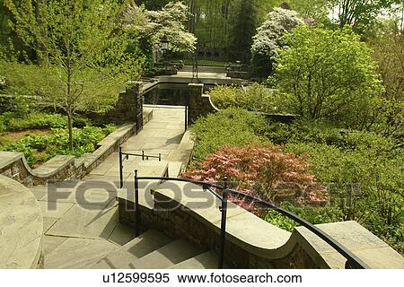 Stock Photography -  Wilmington, DE, Delaware, Brandywine River Valley, Winterthur, an American Country Estate, Museum and County Estates, former home of Henry Francis du Pont, garden, concrete stairs. Fotosearch
