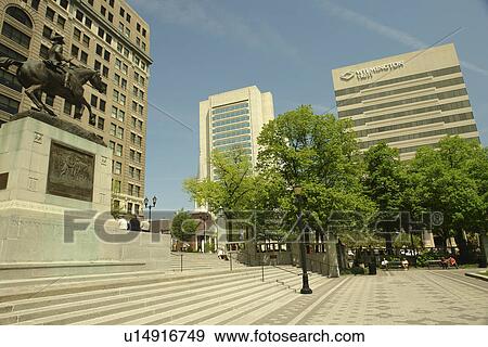 Stock Photo -  Wilmington, DE, Delaware, Rodney Square, Caesar Rodney Equestrian Statue, Wilmington Trust Center buildings, downtown. Fotosearch