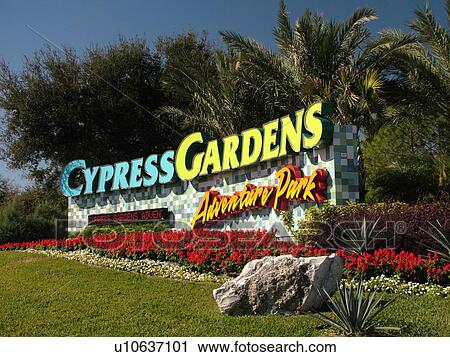 Stock Image -  Winter Haven, FL, Florida, Cypress Gardens Adventure Park, entrance sign, Florida's first theme park, Waterski Capital of the World. Fotosearch