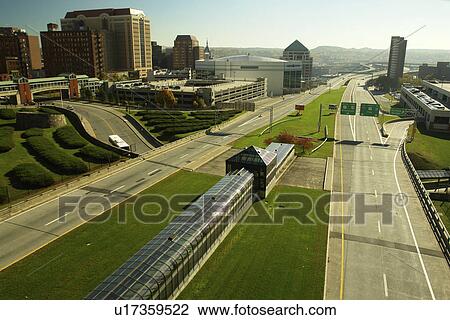 Stock Image -  Albany, NY, New York, expressway, downtown skyline. Fotosearch