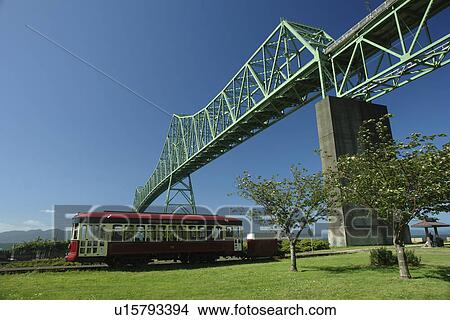 Picture -  Astoria, OR, Oregon, Pacific Ocean, Pacific Coast Scenic Byway, Rt Route, Highway 101, Columbia River, Riverfront, Columbia & Astoria Megler Bridge, trolley. Fotosearch