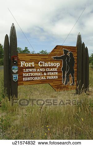 Stock Image -  Astoria, OR, Oregon, Pacific Ocean, Pacific Coast Scenic Byway, Rt Route, Highway 101, Fort Clatsop Lewis and Clark National & State Historical Parks, entrance sign. Fotosearch