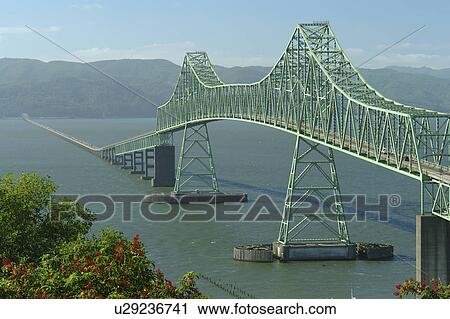Stock Image -  Astoria, OR, Oregon, Pacific Ocean, Pacific Coast Scenic Byway, Rt Route, Highway 101, Columbia River, Riverfront, Columbia & Astoria Megler Bridge, aerial. Fotosearch
