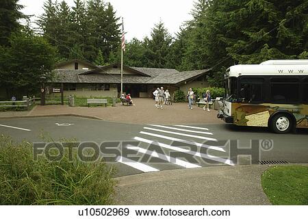 Stock Photo -  Astoria, OR, Oregon, Pacific Ocean, Pacific Coast Scenic Byway, Rt Route, Highway 101, Fort Clatsop Lewis and Clark National & State Historical Parks, visitor center, shuttle bus. Fotosearch