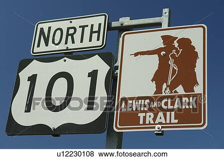 Astoria, OR, Oregon, Pacific Ocean, Pacific Coast Scenic Byway, North Rt Route, Highway 101, Lewis and Clark Trail road signs View Large Photo Image Stock Photo - Astoria, OR, Oregon, Pacific Ocean, Pacific Coast Scenic Byway, North Rt Route, Highway 101, Lewis and Clark Trail road signs. Fotosearch