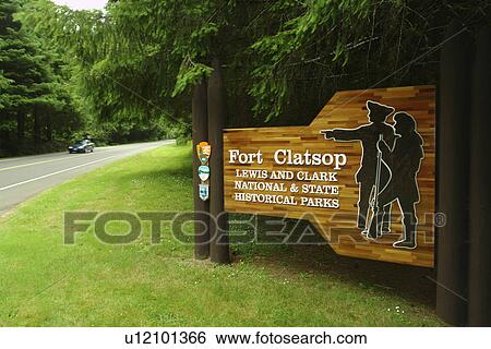 Stock Photograph -  Astoria, OR, Oregon, Pacific Ocean, Pacific Coast Scenic Byway, Rt Route, Highway 101, Fort Clatsop Lewis and Clark National & State Historical Parks, entrance sign. Fotosearch