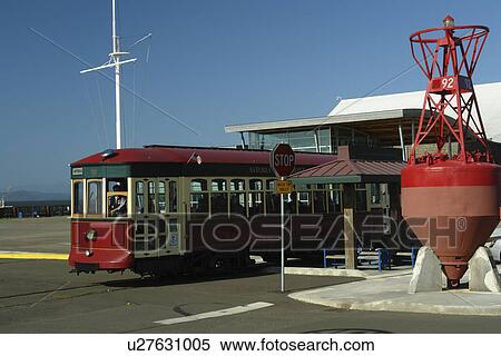 Stock Photography -  Astoria, OR, Oregon, Pacific Ocean, Pacific Coast Scenic Byway, Rt Route, Highway 101, Columbia River Maritime Museum, trolley. Fotosearch