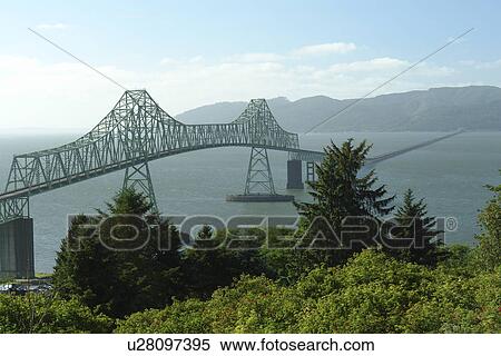 Stock Photography -  Astoria, OR, Oregon, Pacific Ocean, Pacific Coast Scenic Byway, Rt Route, Highway 101, Columbia River, Riverfront, Columbia & Astoria Megler Bridge, aerial. Fotosearch