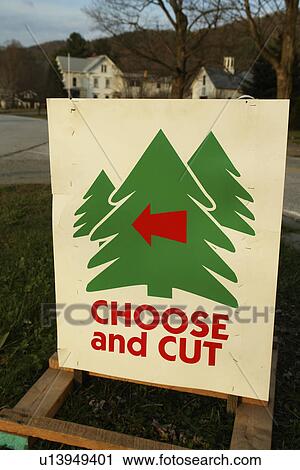Stock Image -  Bethel, VT, Vermont, Choose and Cut Christmas Trees sign. Fotosearch