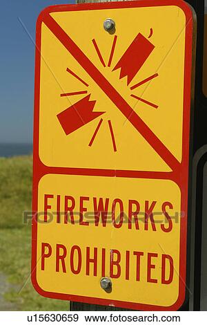 Stock Photo -  Brookings, OR, Oregon, Pacific Ocean, Pacific Coast Scenic Byway, Rt Route, Highway 101, Harris Beach State Park, fireworks prohibited, warning signs. Fotosearch