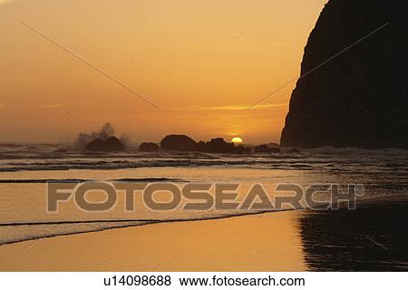 Cannon Beach, OR, Oregon, Pacific Ocean, Pacific Coast Scenic Byway, Rt Route, Highway 101, Cannon Beach, Haystack Rock, reflection, sunset View Large Photo Image Stock Photo - Cannon Beach, OR, Oregon, Pacific Ocean, Pacific Coast Scenic Byway, Rt Route, Highway 101, Cannon Beach, Haystack Rock, reflection, sunset. Fotosearch