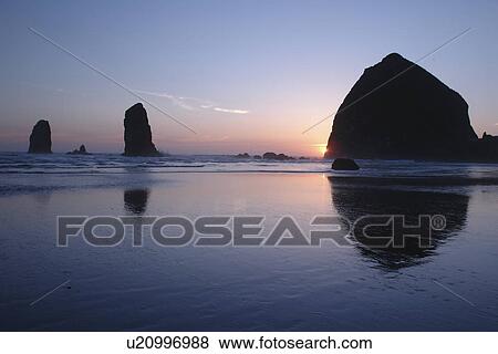 Cannon Beach, OR, Oregon, Pacific Ocean, Pacific Coast Scenic Byway, Rt Route, Highway 101, Cannon Beach, Haystack Rock, reflection, sunset View Large Photo Image Stock Photo - Cannon Beach, OR, Oregon, Pacific Ocean, Pacific Coast Scenic Byway, Rt Route, Highway 101, Cannon Beach, Haystack Rock, reflection, sunset. Fotosearch