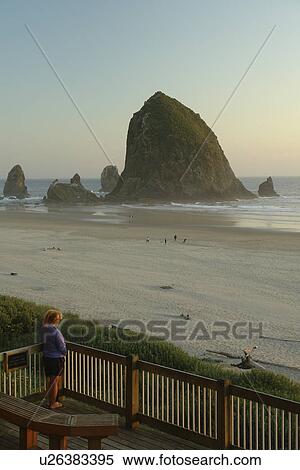 Stock Photography -  Cannon Beach, OR, Oregon, Pacific Ocean, Pacific Coast Scenic Byway, Rt Route, Highway 101, Cannon Beach, Haystack Rock. Fotosearch