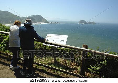 Stock Image -  Cape Meares, OR, Oregon, Pacific Ocean, Pacific Coast Scenic Byway, Rt Route, Highway 101, Cape Meares State Scenic Viewpoint, overlook, interpretive sign. Fotosearch