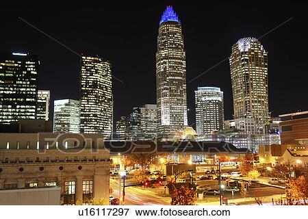 Stock Photo -  Charlotte, NC, North Carolina, Downtown Skyline, evening. Fotosearch