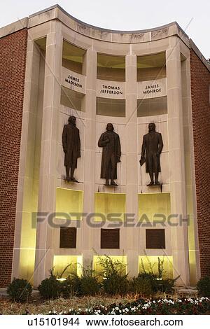 Picture -  Charlottesville, VA, Virginia, Downtown, City Hall, evening, Presidents, James Madison, Thomas Jefferson, James Monroe. Fotosearch