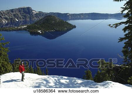 Crater Lake National Park, OR, Oregon, Cascade Range, Volcanic Legacy Scenic Byway, Rim Drive, Wizard Island View Large Photo Image Picture - Crater Lake National Park, OR, Oregon, Cascade Range, Volcanic Legacy Scenic Byway, Rim Drive, Wizard Island. Fotosearch