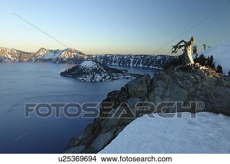 Picture -  Crater Lake National Park, OR, Oregon, Cascade Range, Volcanic Legacy Scenic Byway from Rim Drive, Wizard Island. Fotosearch