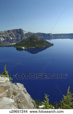 Crater Lake National Park, OR, Oregon, Cascade Range, Volcanic Legacy Scenic Byway, Rim Drive, Wizard Island View Large Photo Image Picture - Crater Lake National Park, OR, Oregon, Cascade Range, Volcanic Legacy Scenic Byway, Rim Drive, Wizard Island. Fotosearch