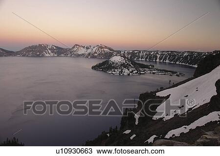 Crater Lake National Park, OR, Oregon, Cascade Range, Volcanic Legacy Scenic Byway from Rim Drive, Wizard Island, sunset View Large Photo Image Stock Image - Crater Lake National Park, OR, Oregon, Cascade Range, Volcanic Legacy Scenic Byway from Rim Drive, Wizard Island, sunset. Fotosearch
