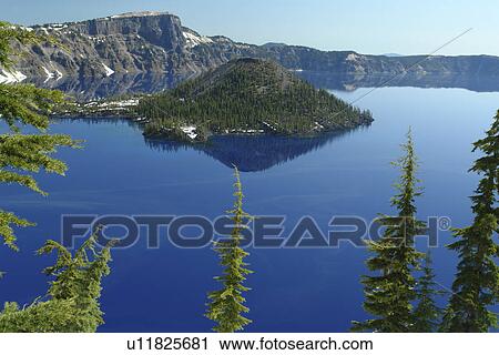 Stock Image -  Crater Lake National Park, OR, Oregon, Cascade Range, Volcanic Legacy Scenic Byway, Rim Drive, Wizard Island. Fotosearch