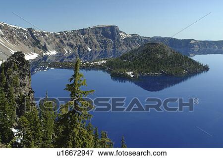 Crater Lake National Park, OR, Oregon, Cascade Range, Volcanic Legacy Scenic Byway, Rim Drive, Wizard Island View Large Photo Image Stock Photo - Crater Lake National Park, OR, Oregon, Cascade Range, Volcanic Legacy Scenic Byway, Rim Drive, Wizard Island. Fotosearch