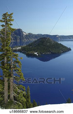 Stock Photo -  Crater Lake National Park, OR, Oregon, Cascade Range, Volcanic Legacy Scenic Byway, Rim Drive, Wizard Island. Fotosearch