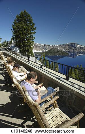 Crater Lake National Park, OR, Oregon, Crater Lake Lodge, Cascade Range, deck View Large Photo Image Stock Photo - Crater Lake National Park, OR, Oregon, Crater Lake Lodge, Cascade Range, deck. Fotosearch