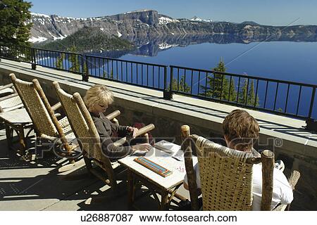 Crater Lake National Park, OR, Oregon, Crater Lake Lodge, Cascade Range, deck View Large Photo Image Stock Photo - Crater Lake National Park, OR, Oregon, Crater Lake Lodge, Cascade Range, deck. Fotosearch
