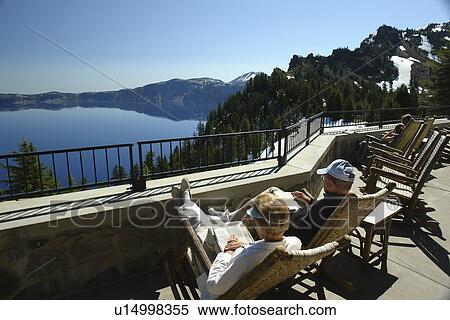 Crater Lake National Park, OR, Oregon, Crater Lake Lodge, Cascade Range, deck View Large Photo Image Stock Photography - Crater Lake National Park, OR, Oregon, Crater Lake Lodge, Cascade Range, deck. Fotosearch