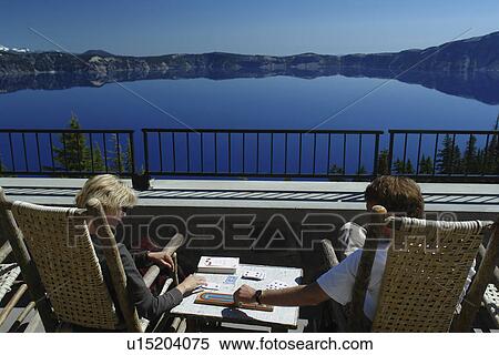 Crater Lake National Park, OR, Oregon, Crater Lake Lodge, Cascade Range, deck View Large Photo Image Stock Photography - Crater Lake National Park, OR, Oregon, Crater Lake Lodge, Cascade Range, deck. Fotosearch