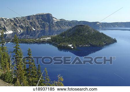 Stock Photography -  Crater Lake National Park, OR, Oregon, Cascade Range, Volcanic Legacy Scenic Byway, Rim Drive, Wizard Island. Fotosearch